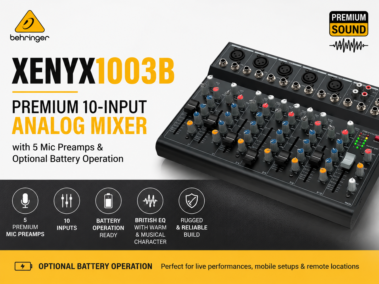 Behringer XENYX 1003B – 高品质10路输入模拟混音器，配备5个话放，支持电池供电