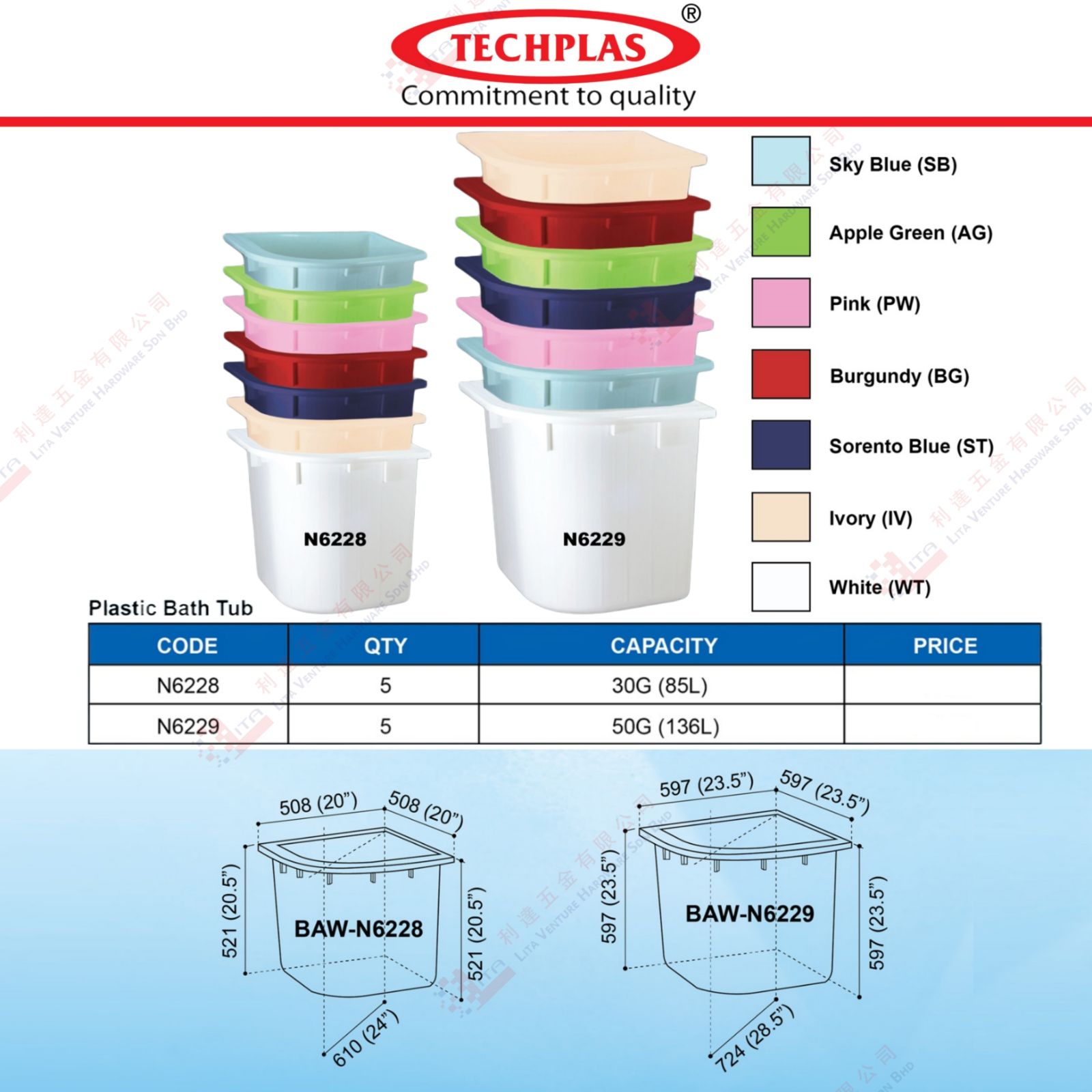 TECHPLAS BRAND PLATIC BATH TUB - N6228 N6229