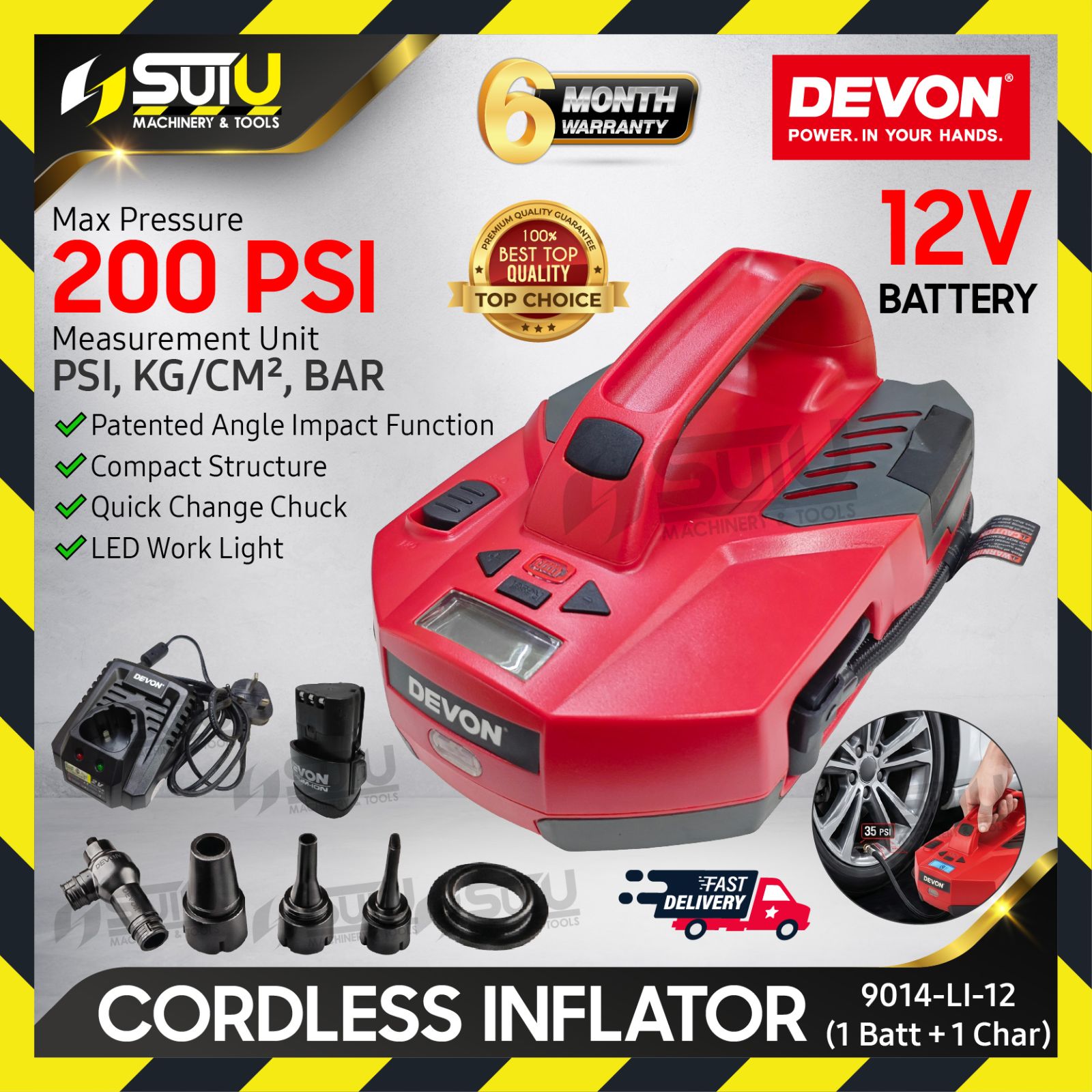 DEVON 9014-LI-12 Lithium Rechargeable Battery Car Air Pump / Cordless Inflator 200PSI w/ 1 x Battery 1.5Ah + Charger