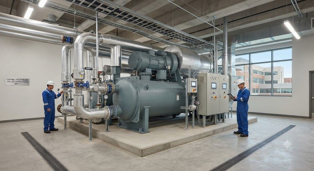 Large hospital centrifugal chiller installation