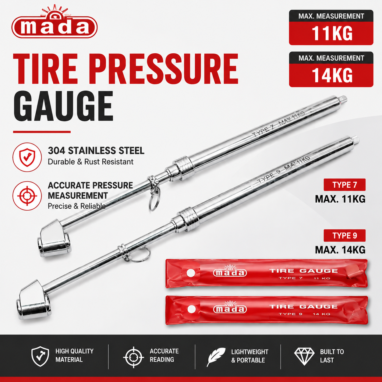 MADA Stainless Steel Tire Pressure Gauge, Type 7 & Type 9 | MT-TAC-MD