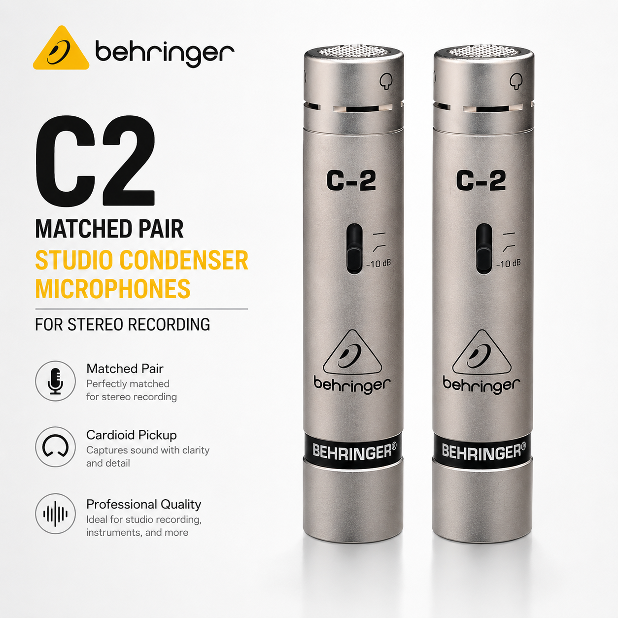 Behringer C2 – 双支匹配电容麦克风套装，适用于立体声录音