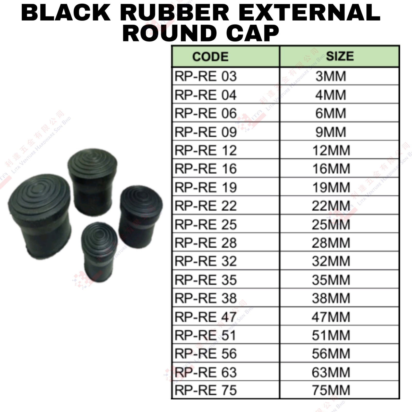 BLACK RUBBER INTERNAL ROUND CAP - RPRE03 RPRE04 RPRE06 RPRE09 ...RPRE75