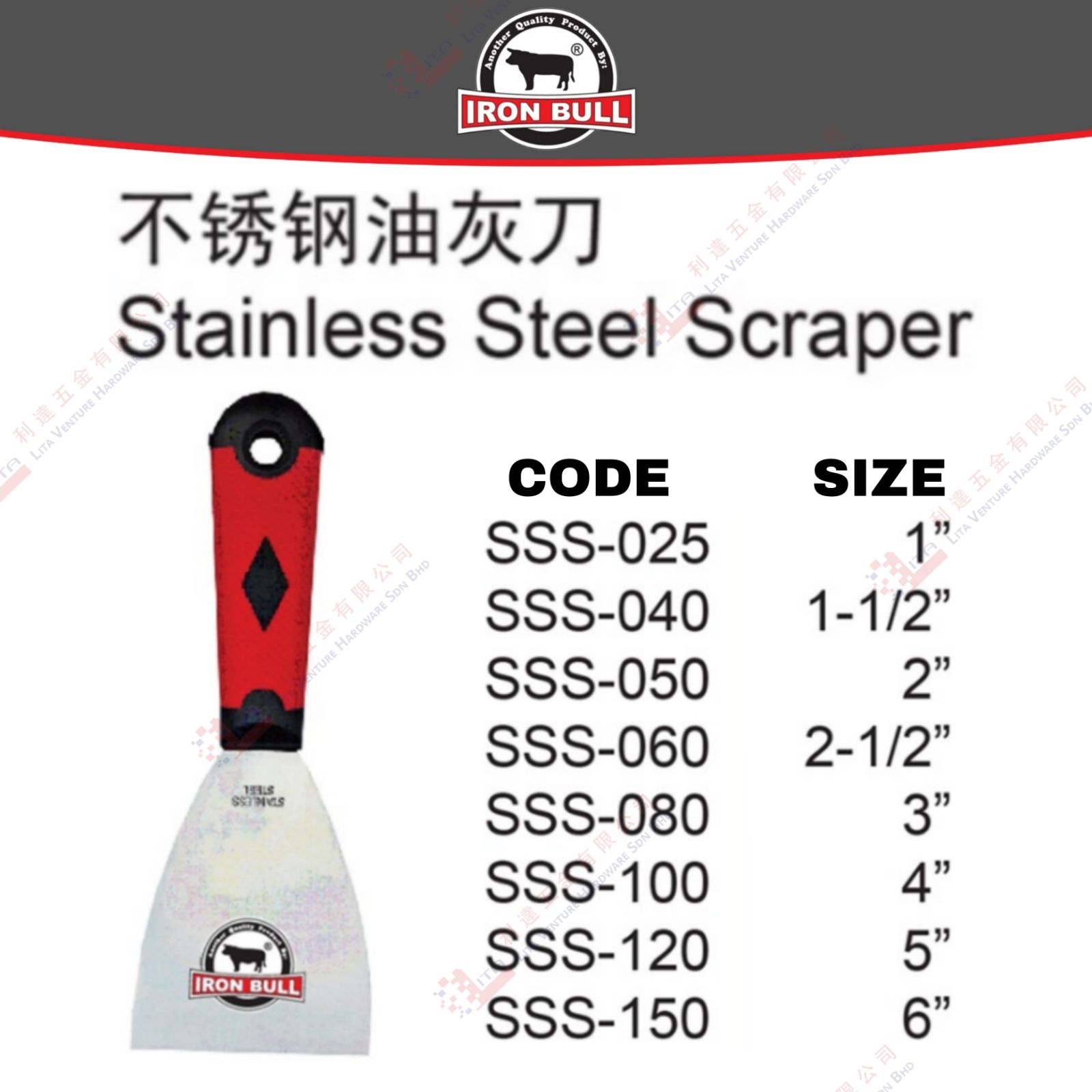 IRON BULL BRAND STAINLESS STEEL SCRAPERS - SSS025 SSS040 SSS050 SS060 SSS080 SS100 SSS120 SSS150