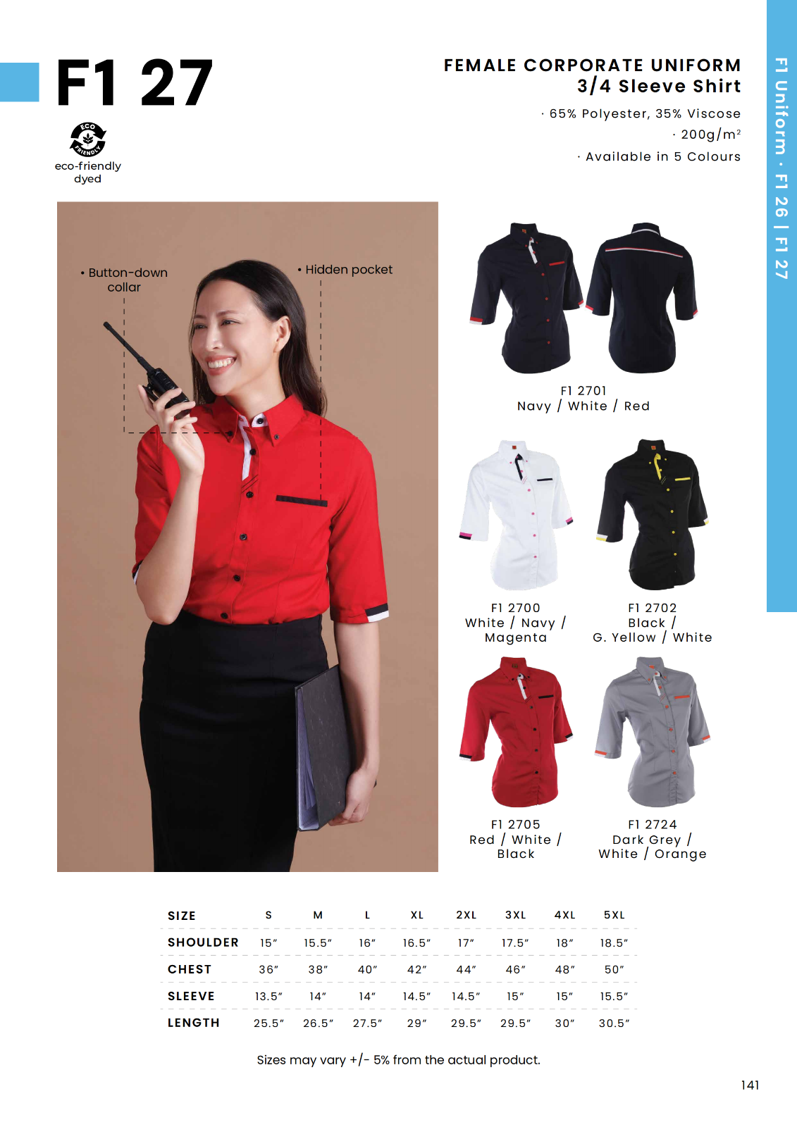 F1 27 Female Corporate Uniform 3/4 Sleeve Shirt | Professional Office Uniform with Hidden Pocket