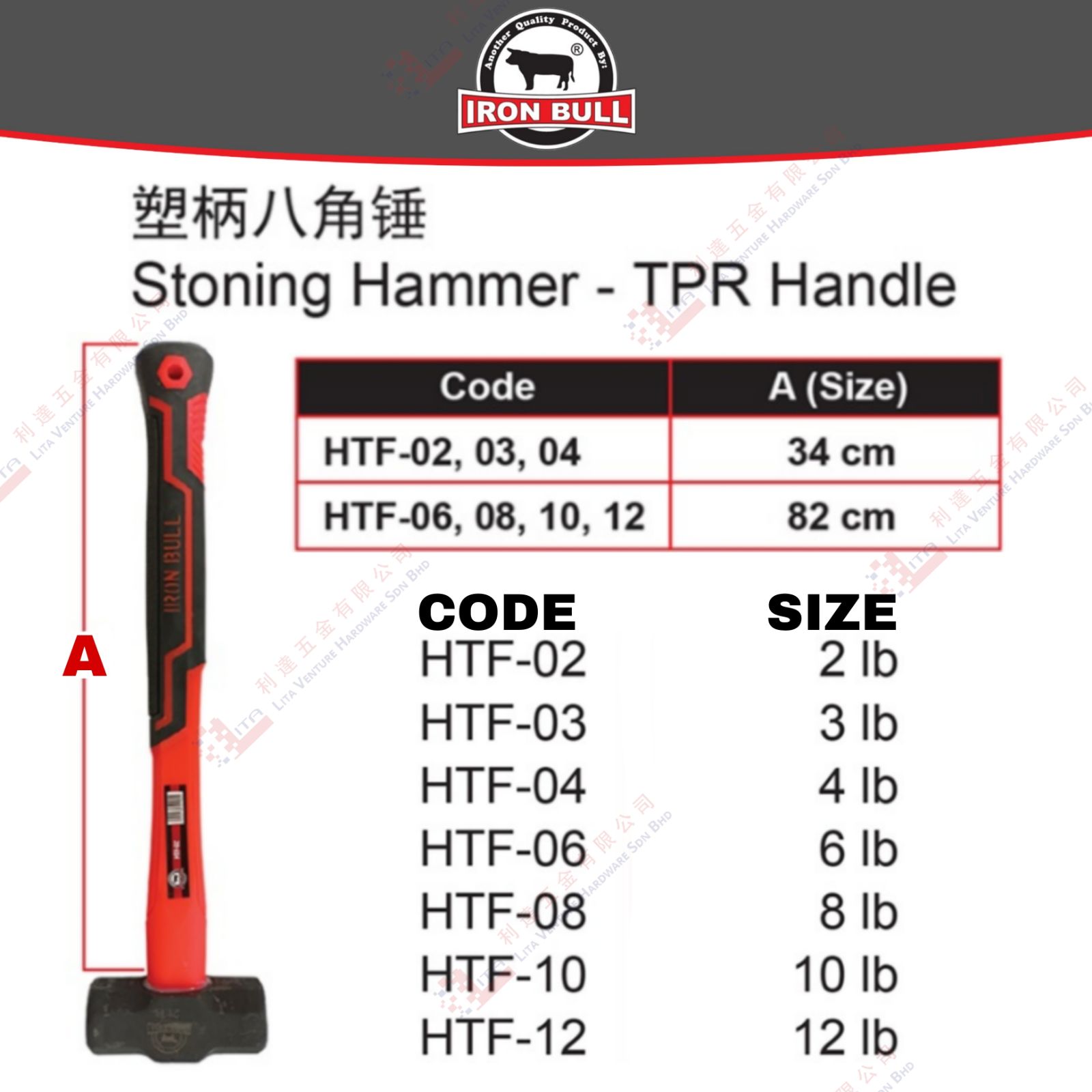 IRON BULL BRAND STONING HAMMER TPR HANDLE - HTF02 HTF03 HTF04 HTF06 HTF08  HTF10 HTF12