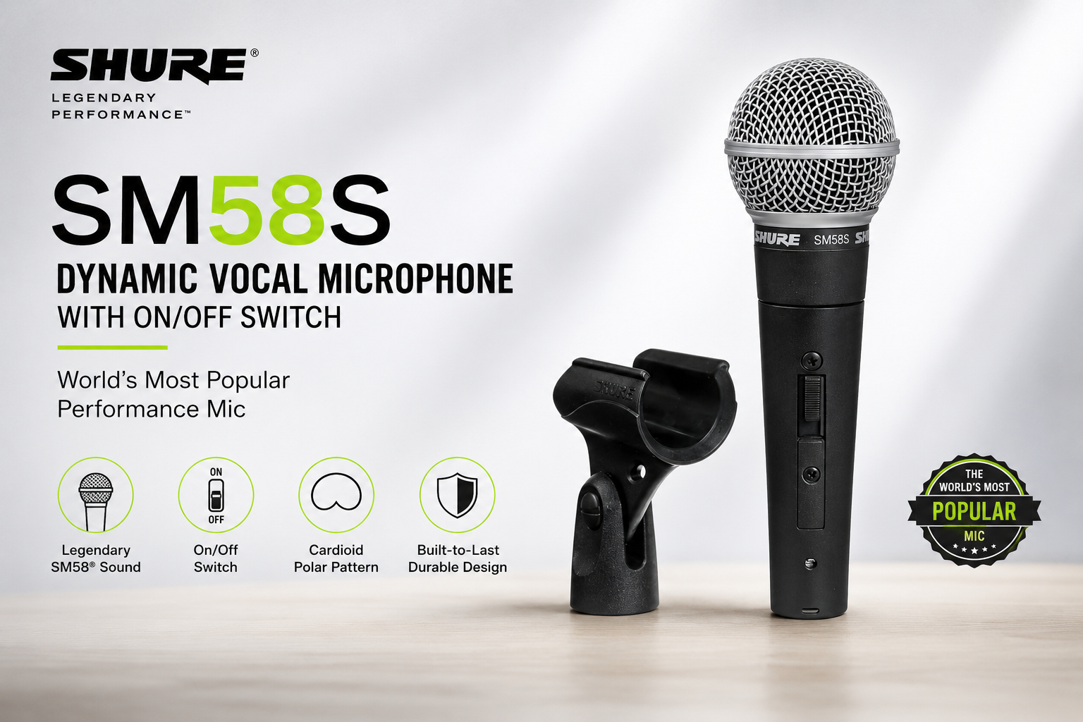 Shure SM58S Mikrofon Vokal Dinamik dengan Suis Hidup/Mati – Mikrofon Persembahan Paling Popular di Dunia