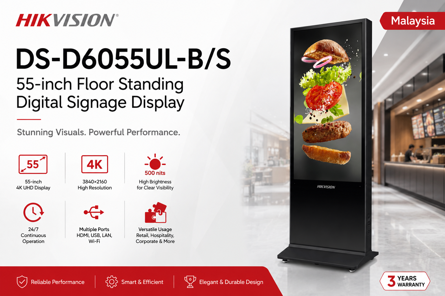 Hikvision DS-D6055UL-B/S 55-inch Floor Standing Digital Signage Display Malaysia
