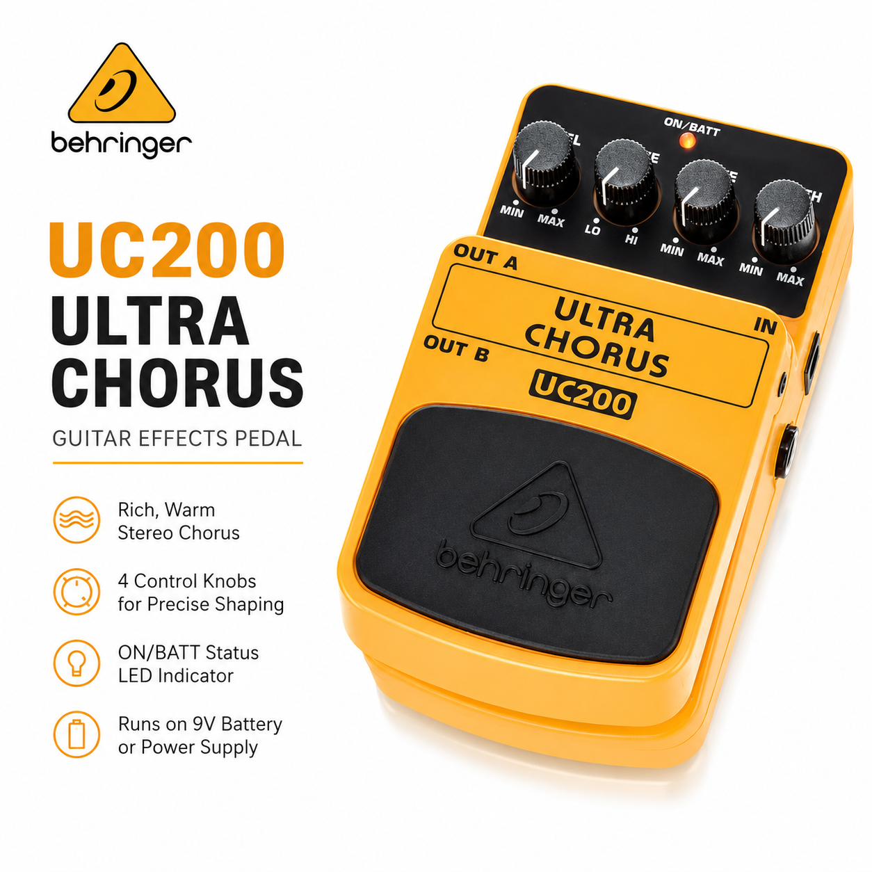 Behringer UC200 Ultra Chorus Pedal Kesan Gitar – Pedal Chorus Stereo Profesional untuk Gitar Elektrik, Persembahan Pentas & Rakaman Studio