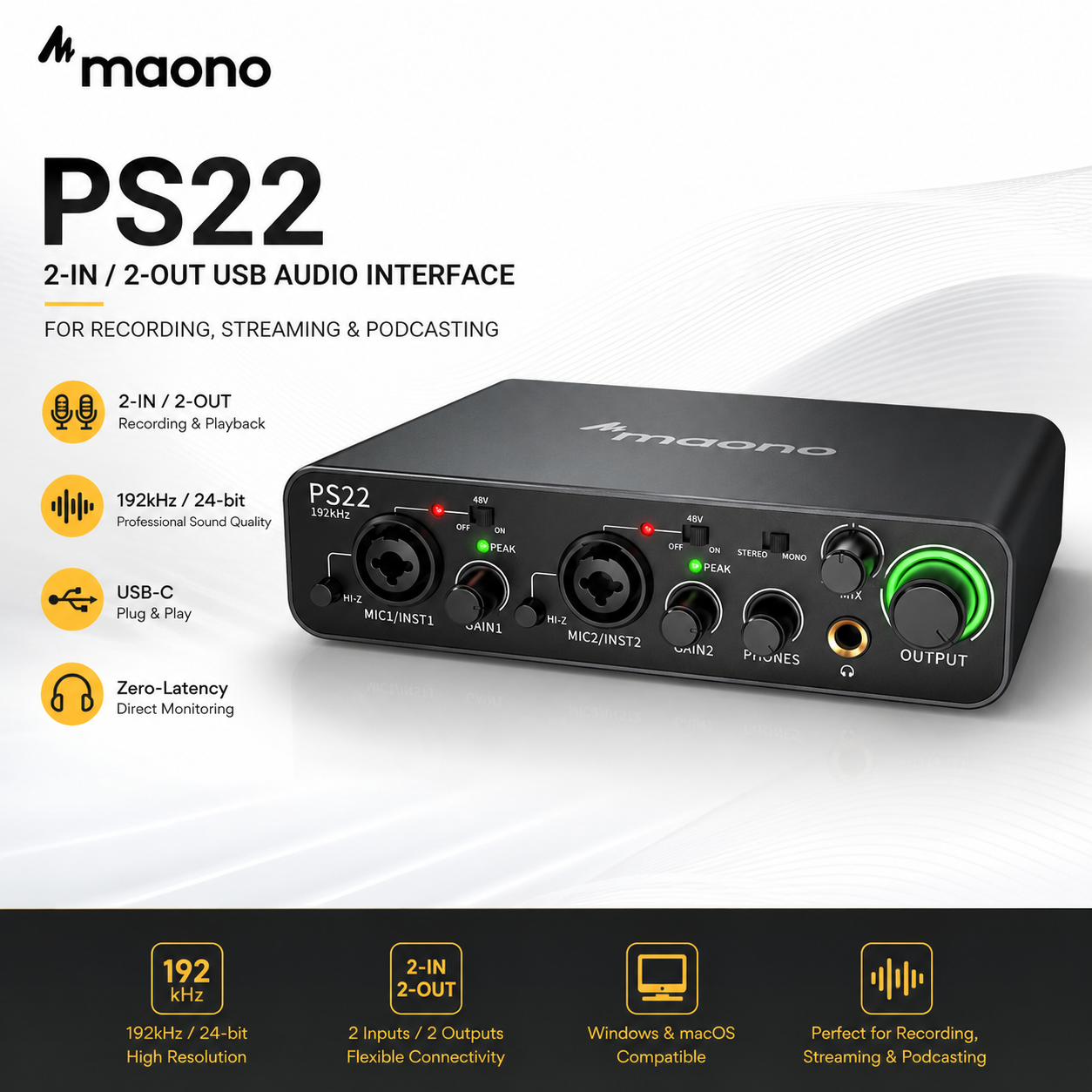 Maono PS22 – Antara Muka Audio USB 2-Masuk/2-Keluar (Hitam) untuk Rakaman, Penstriman & Podcast