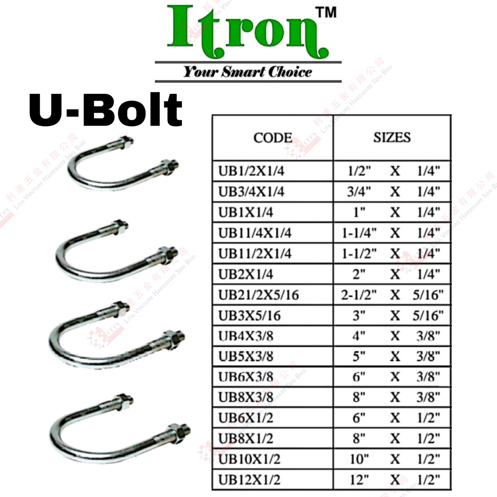 ITRON BRAND U BOLT - UB12X14 UB34X14 UB1X14 UB114X14 UB112X14 ...UB12X12