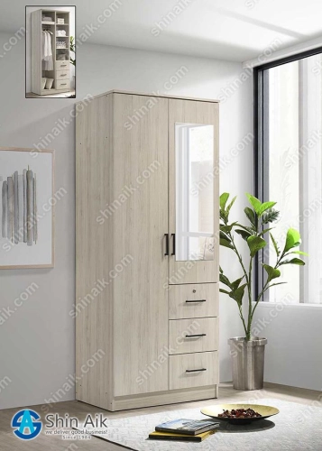 WR951016/17(KD) Light Oak/Walnut 2-Doors Wooden Wardrobe With Mirror & Drawers