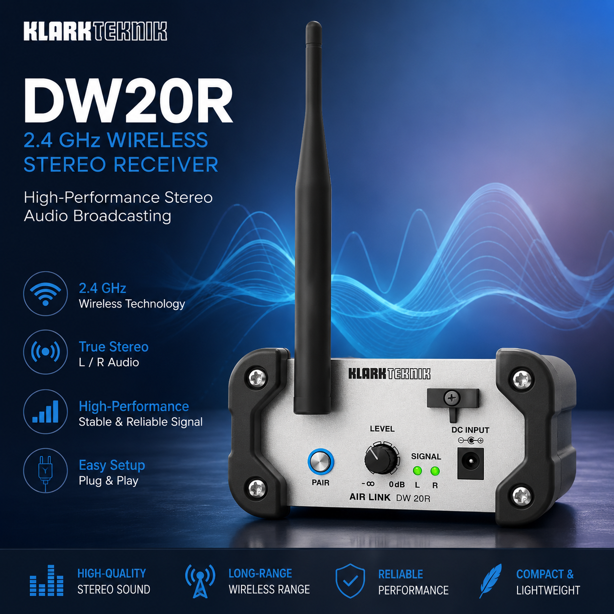 Klark Teknik DW20R – 2.4 GHz 无线立体声接收器，高性能立体声音频传输