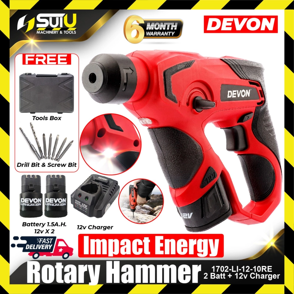 DEVON 1702-LI-12-10RE 12V 1J Electric Cordless Rotary Hammer w/ 2 x Batteries 1.5Ah + Charger + Tool Box