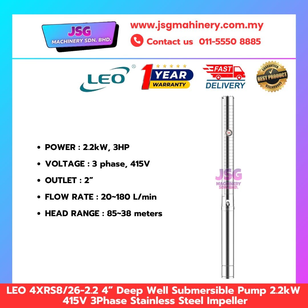 LEO 4XRS8/16-2.2 4 Inch Deep Well Submersible Pump 2.2kW 415V 3 Phase Stainless Steel Impeller