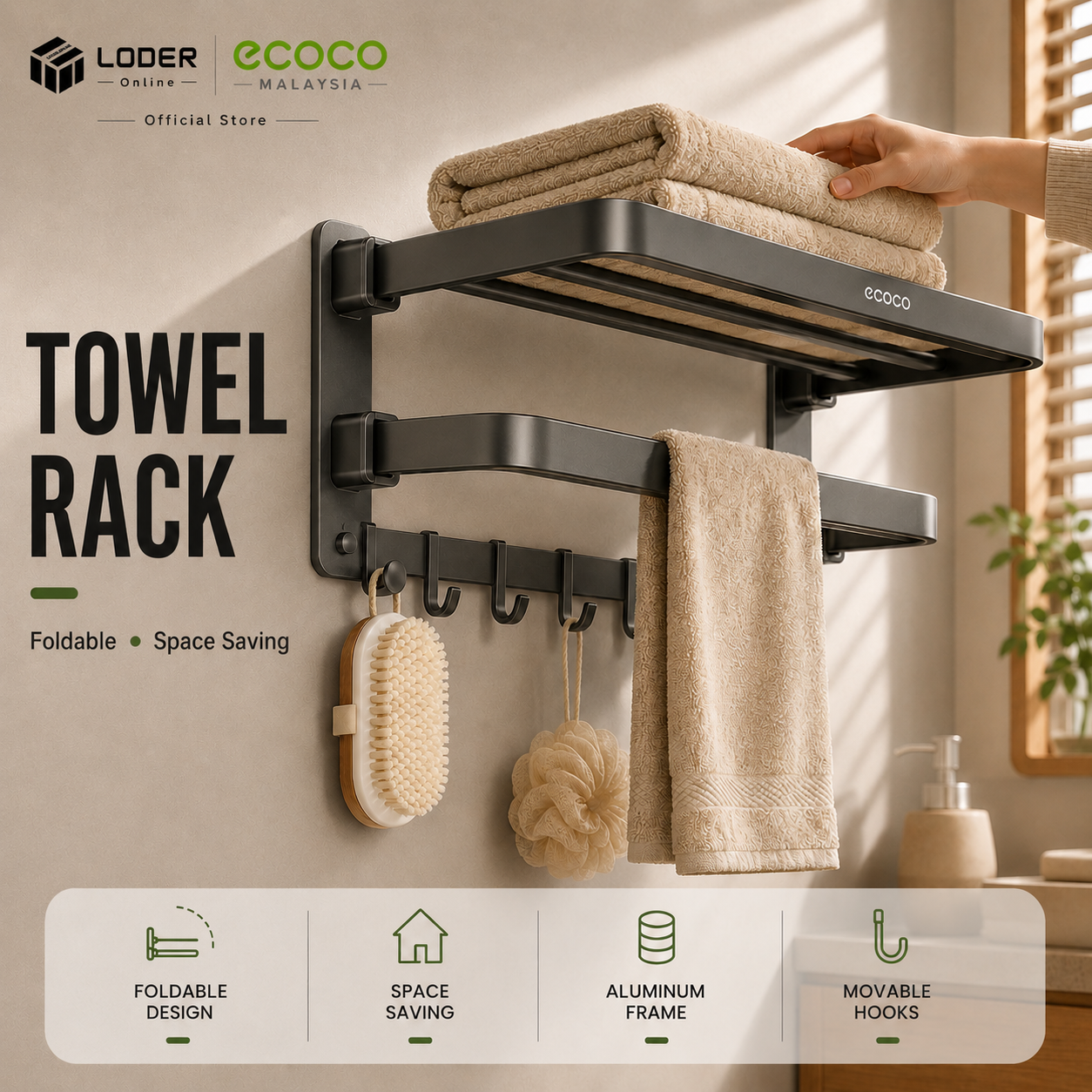 LODER ECOCO Aluminum Double Folding Towel Rack Wall Mounted Bathroom Shelf Adjustable Space Saving Storage