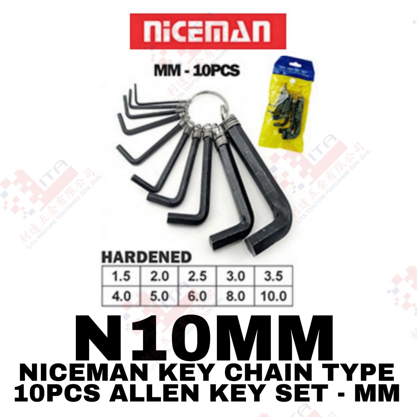 NICEMAN BRAND  KEY CHAIN TYPE 10PCS ALLEN KEY SET(MM) - N10MM