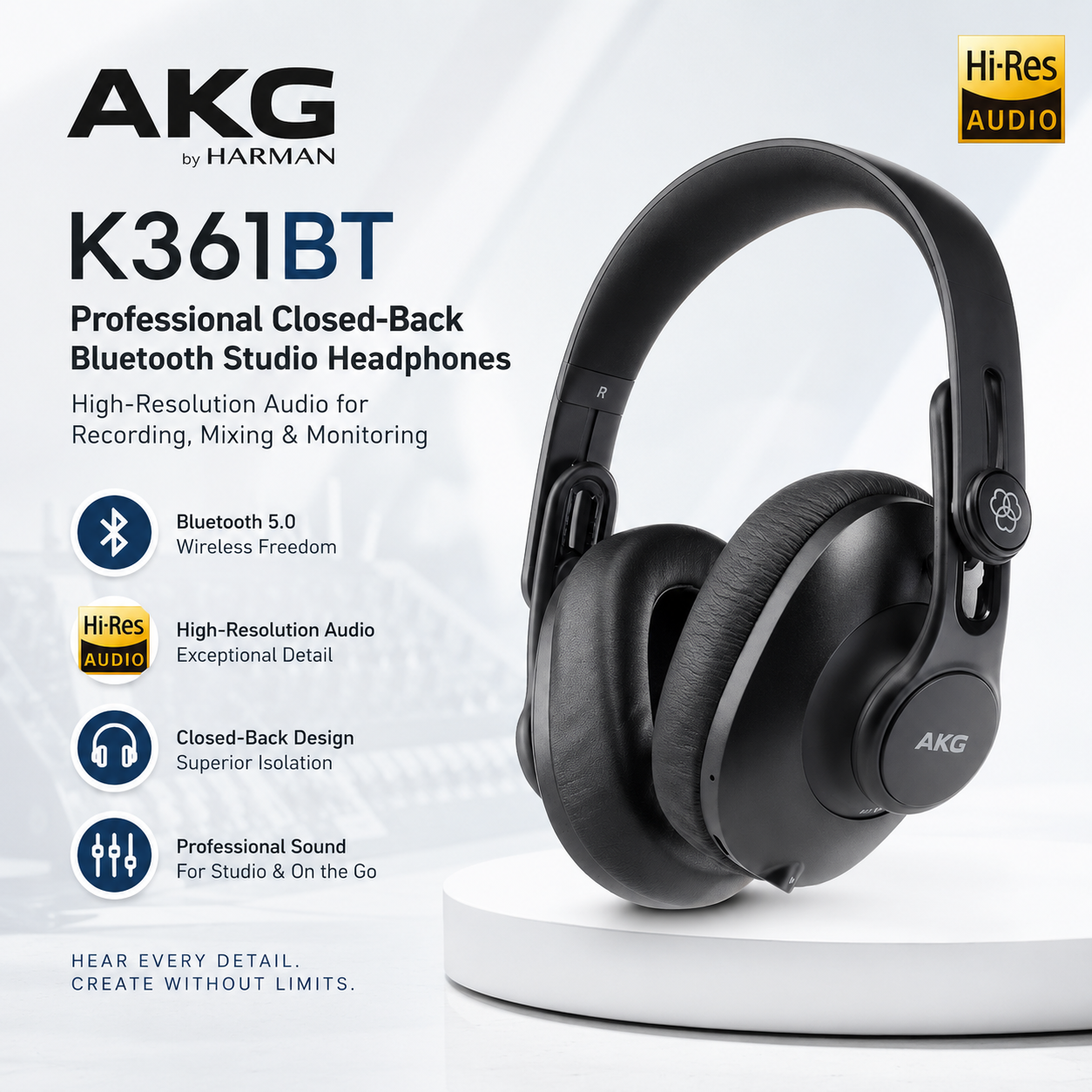 AKG K361BT 专业封闭式蓝牙录音室耳机 – 高解析音质适用于录音、混音与监听
