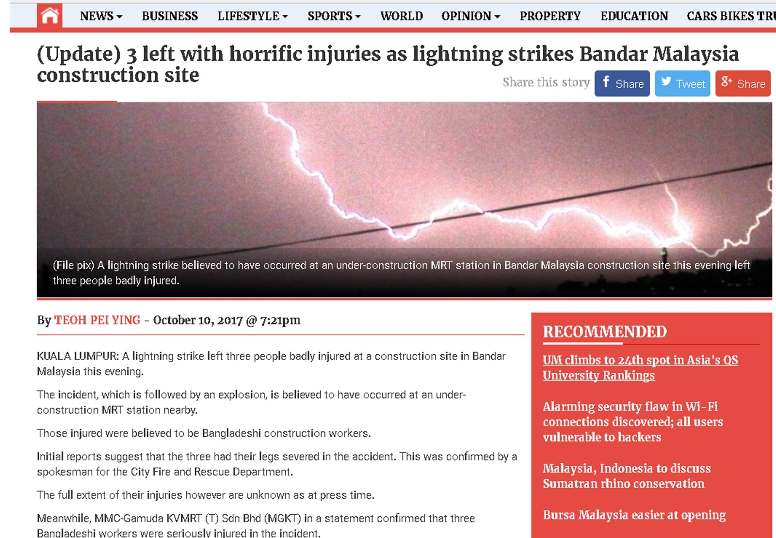 October 2017, Bandar Malaysia KL - 3 construction worker badly injured after struck by lightning