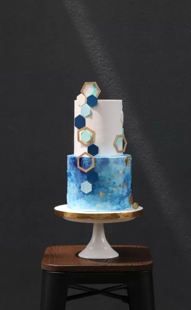 Blue White Geometry Cake