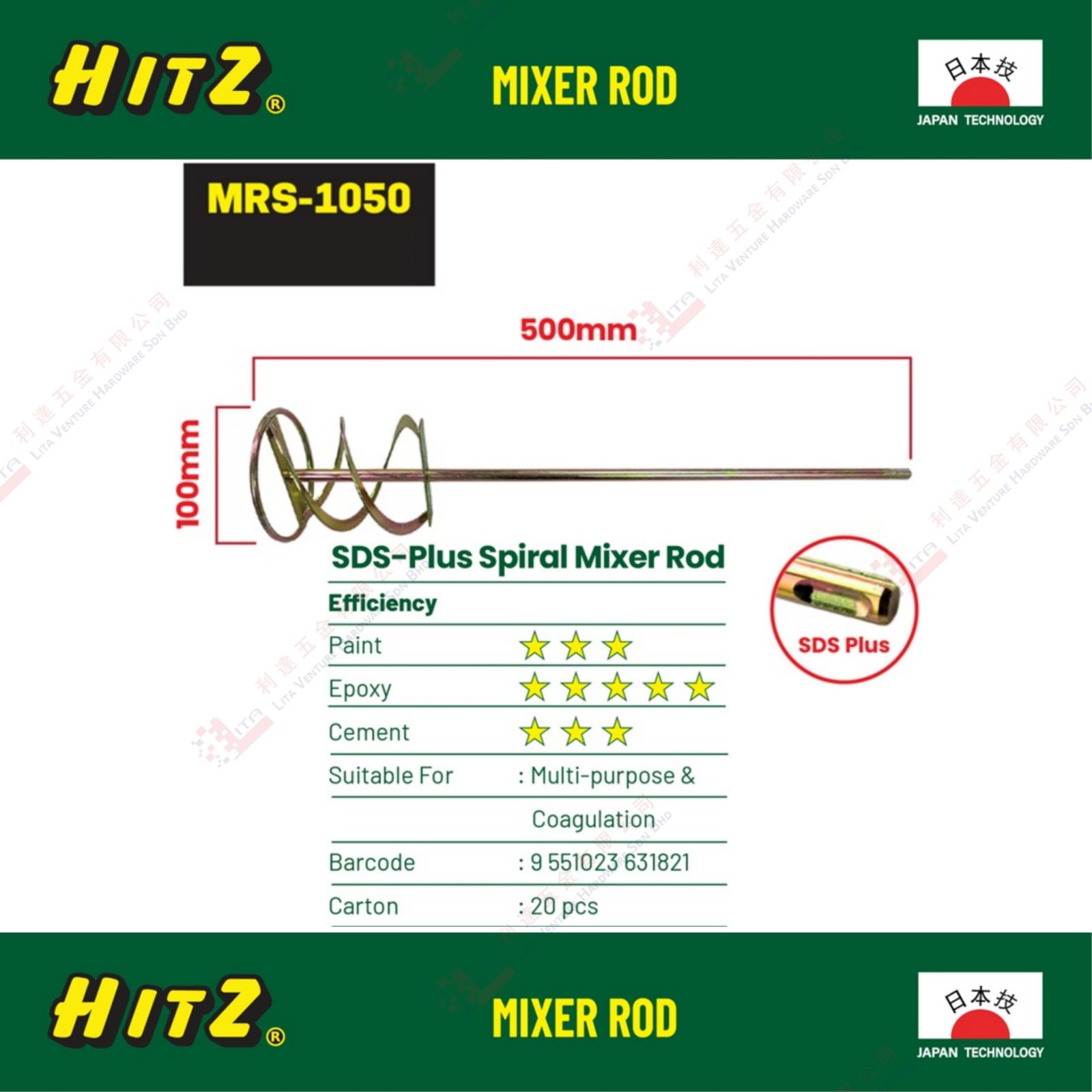 HITZ BRAND SDS PLUUS SPIRAL MIXER ROD - MRS1050