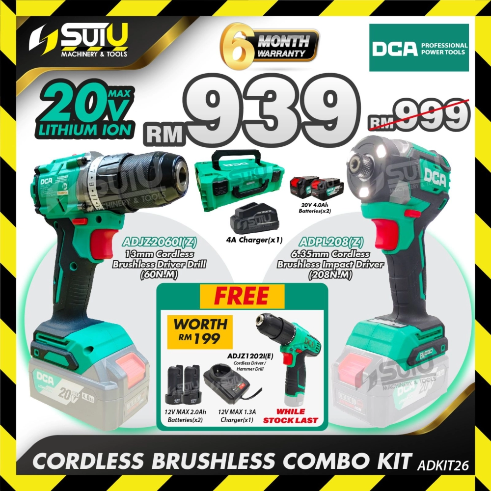 DCA ADKIT26 Brushless Cordless Combo Kit ADJZ2060I Driver Drill + ADPL208 Impact Driver w/ 2 x Batt 4.0Ah & Charger