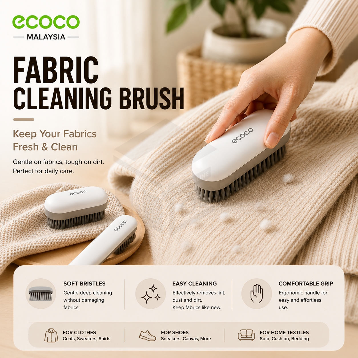 LODER ECOCO Long Handle Shoe Brush Lint Remover Clothes Fabric Brush for Sofa Carpet Bed Pet Hair