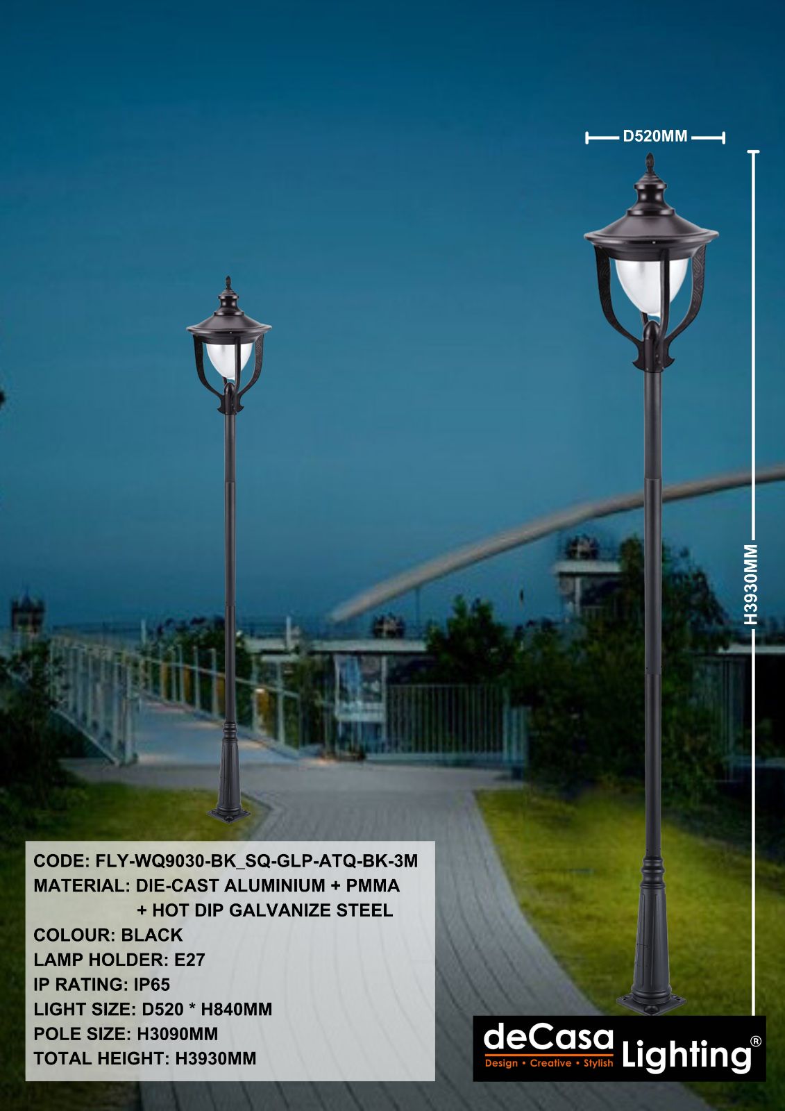 OUTDOOR GARDEN POLE LIGHT (FLY-WQ9030-BK_SQ-GLP-ATQ-BK-3M)