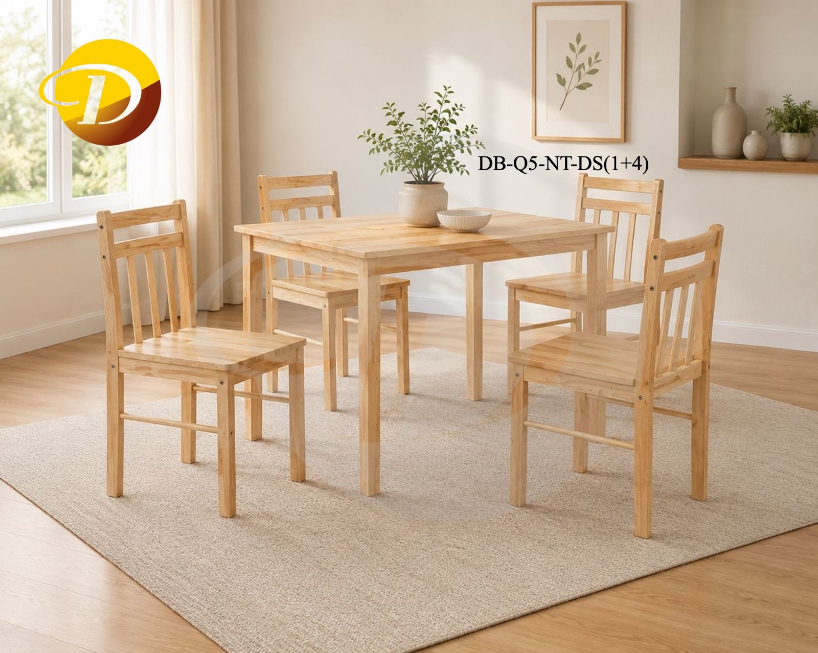 1+4 - Wooden Q5 Dining Chair + 2.5 x 4 Solid Top Dining Table (Natural Finish)