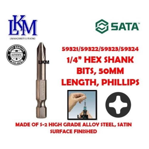 SATA 50321/50322/50323/50324  1/4" HEX SHANK BITS, 50MM LENGTH, PHILLIPS