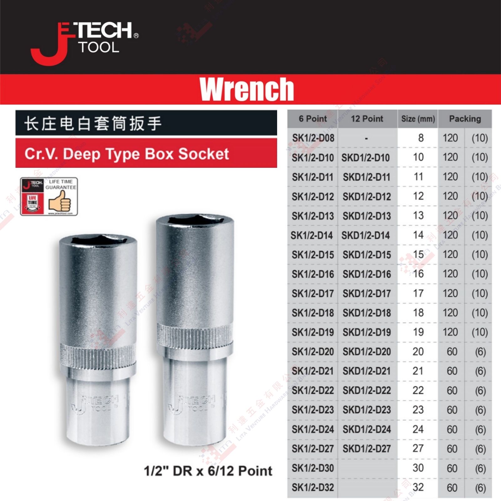 JE TECH BRAND DEEP BOX SOCKET - SK12D08 SK12D10 ...SK12D32 SKD12D10 SKD12D11 SKD12D12 .....SKD12D27