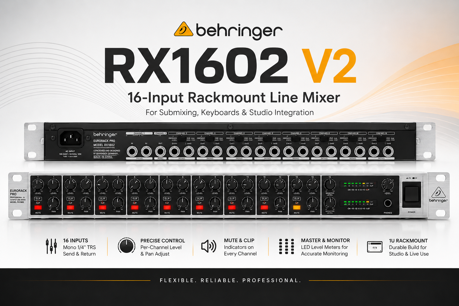 Behringer RX1602 V2 – Mixer Talian 16-Masukan Pemasangan Rak untuk Submiks, Papan Kekunci & Studio