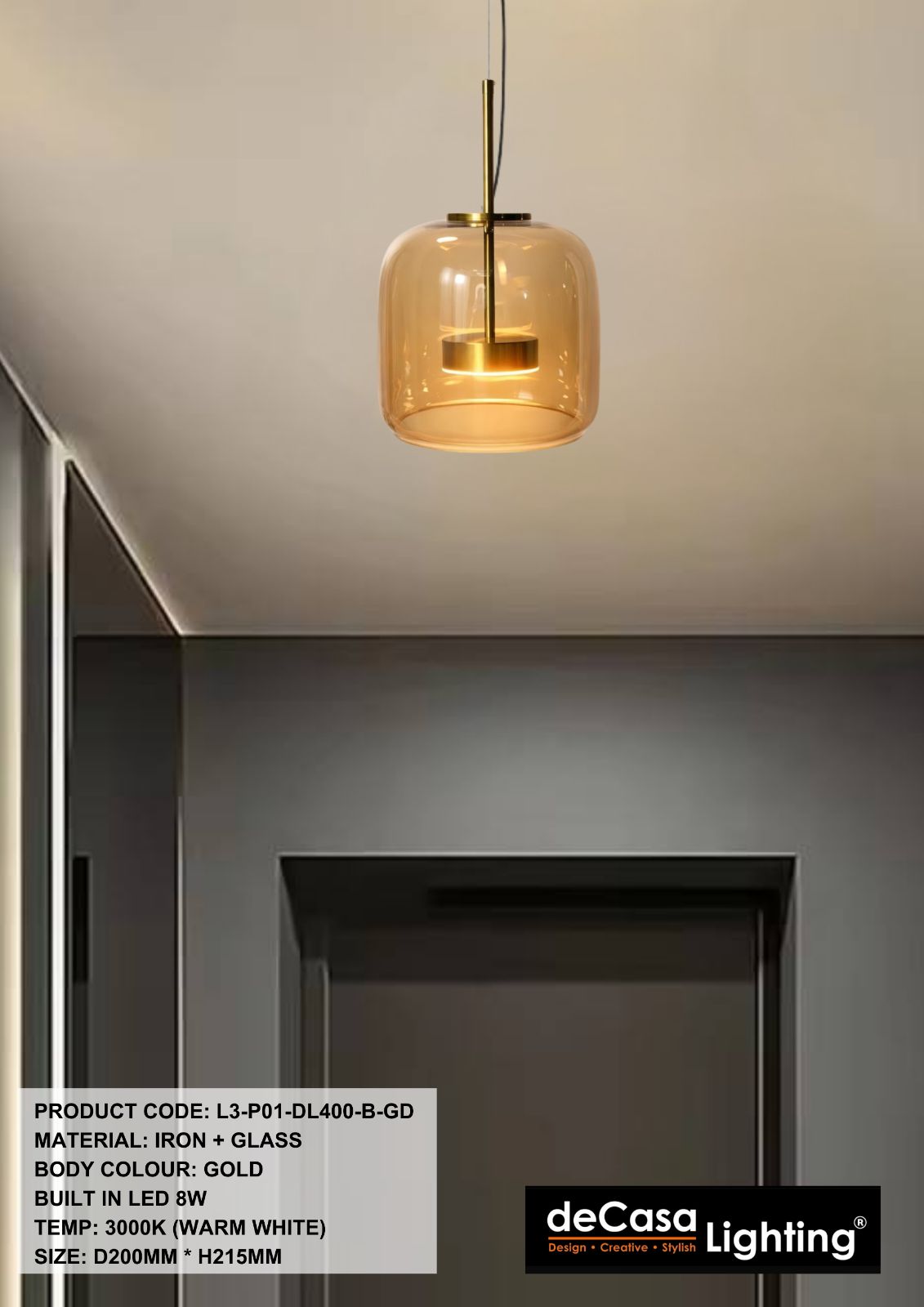 MODERN GLASS PENDANT LIGHT (L3-P01-DL400-B-GD)