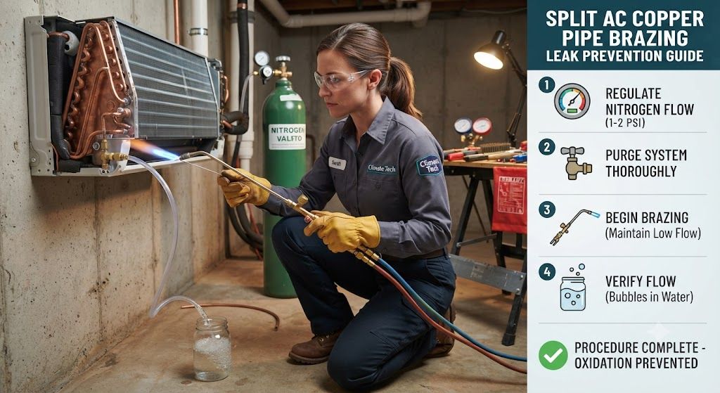 split AC copper pipe brazing leak prevention HVAC