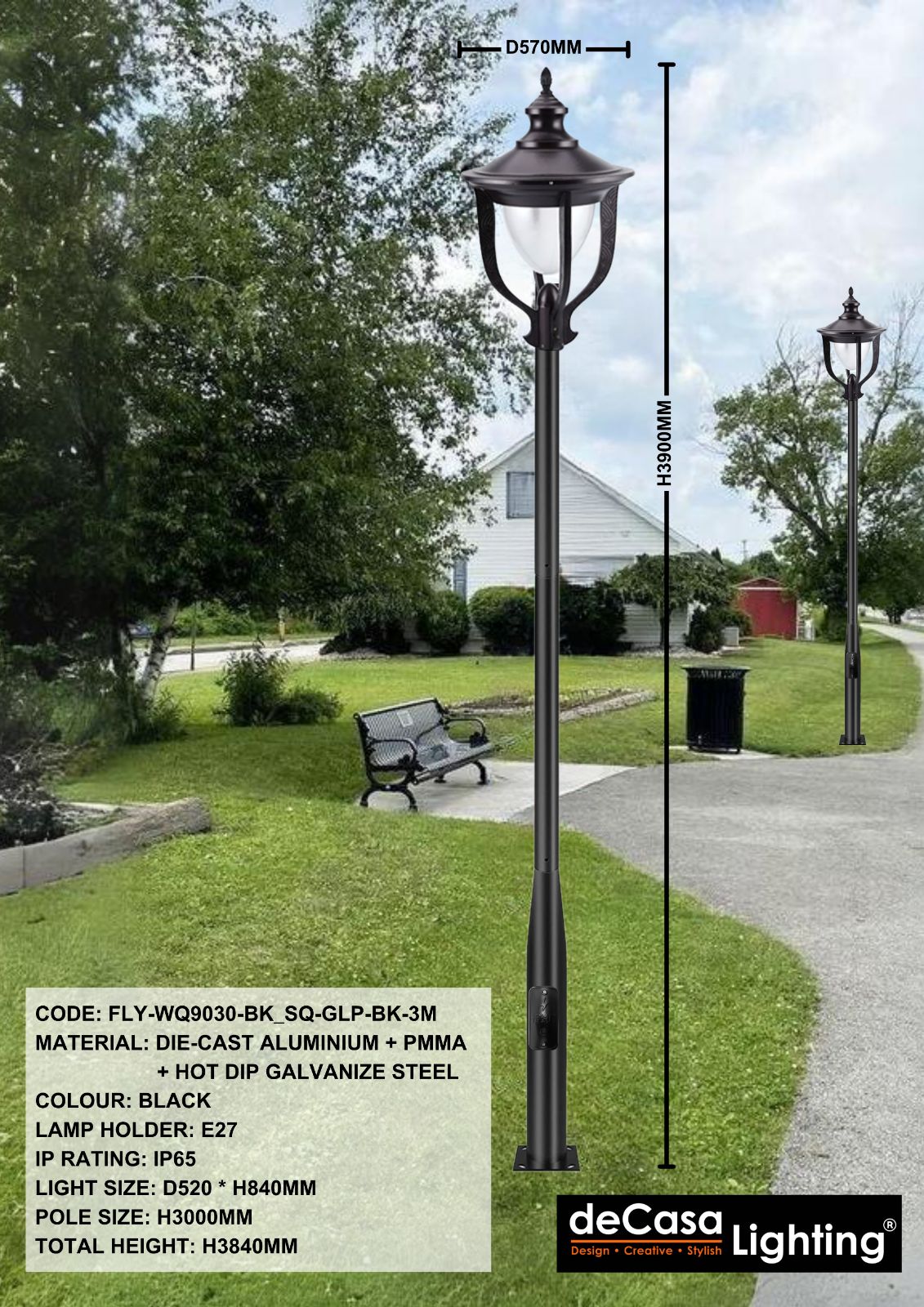OUTDOOR GARDEN POLE LIGHT (FLY-WQ9030-BK_SQ-GLP-BK-3M)