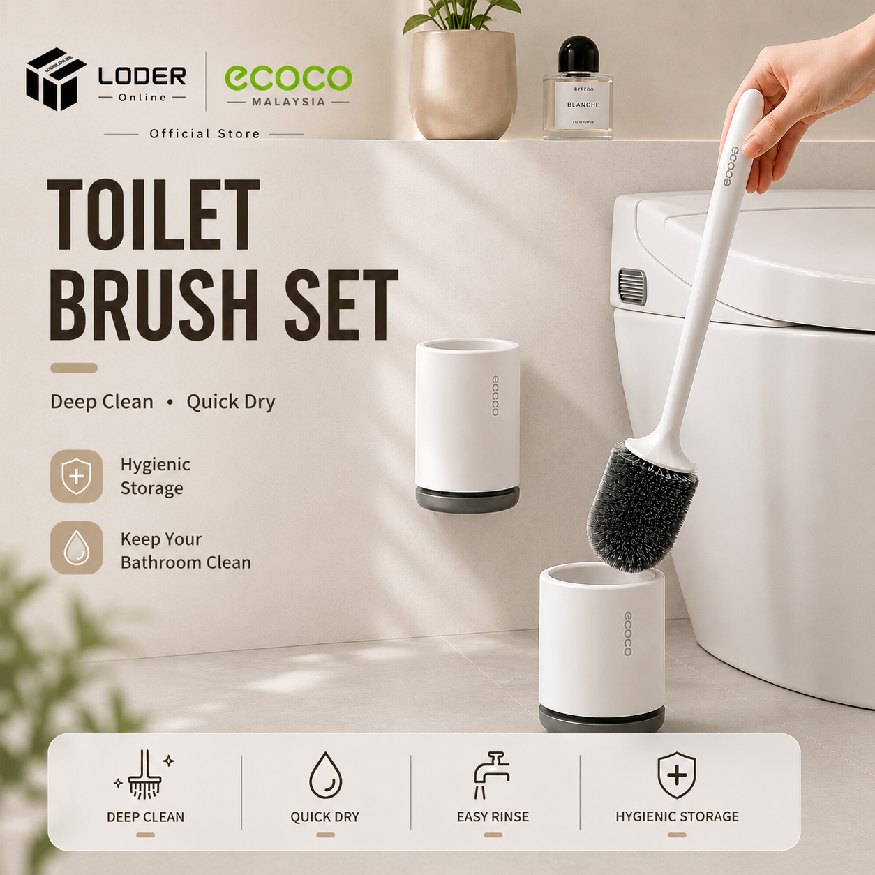 LODER ECOCO Toilet Brush Set Wall Mounted Silicone Toilet Brush Quick Dry No Drill Bathroom Brush