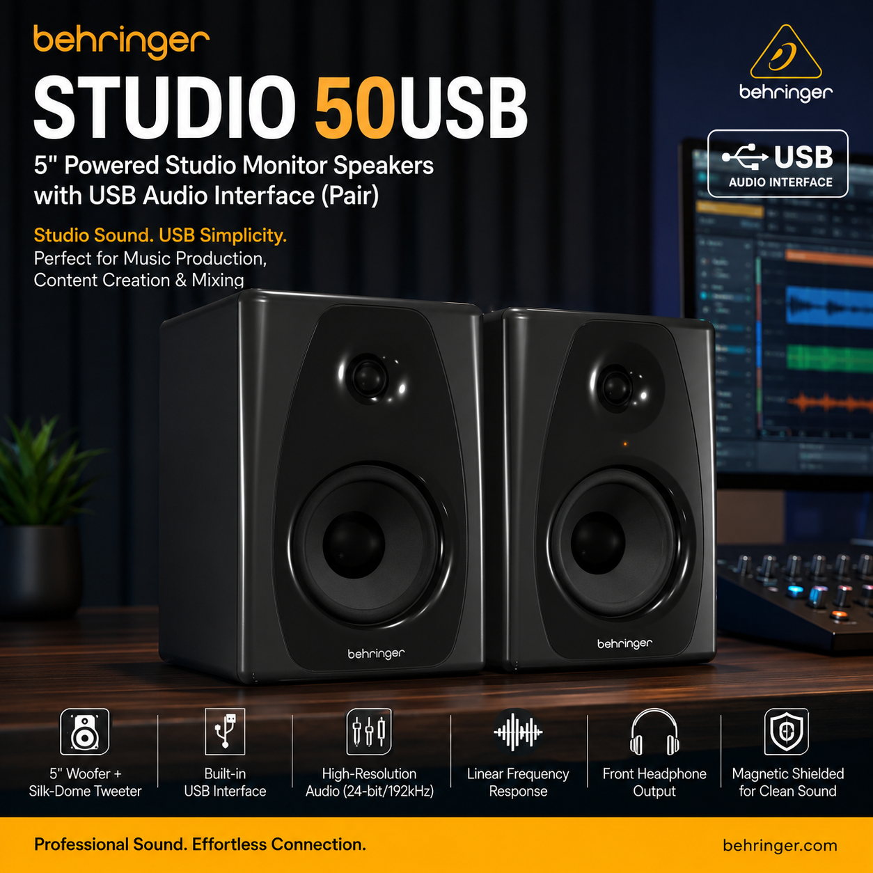 Behringer STUDIO 50USB – 5" Powered Studio Monitor Speakers with USB Audio Interface (Pair)