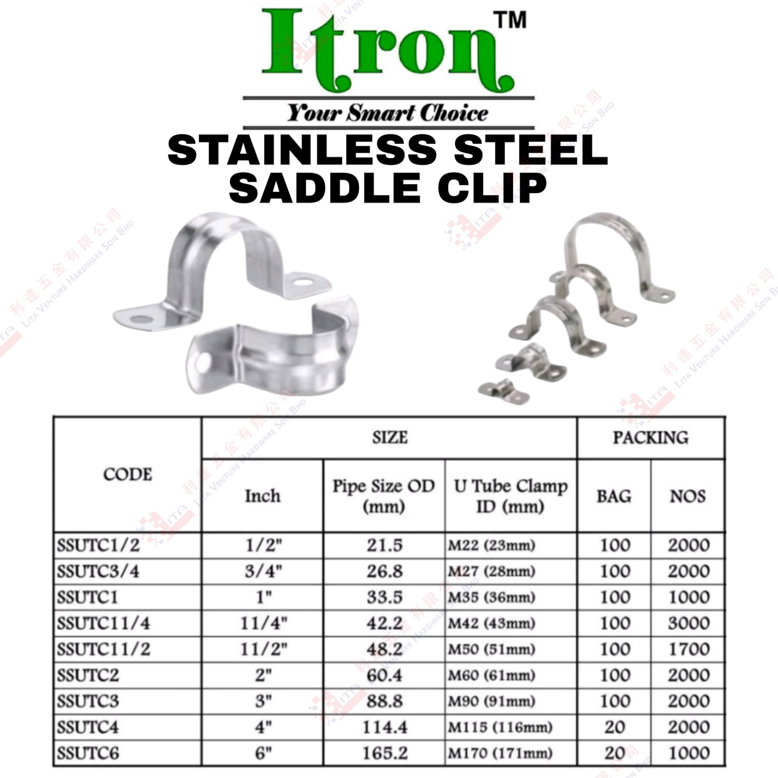 ITRON BRAND STAINLESS STEEL SADDLE CLIP - SSUTC12 SSUTC34 SSUTC1 SSUTC114 SSUTC112 SSUTC2 SSUTC3 SSUTC4 SSUTC6