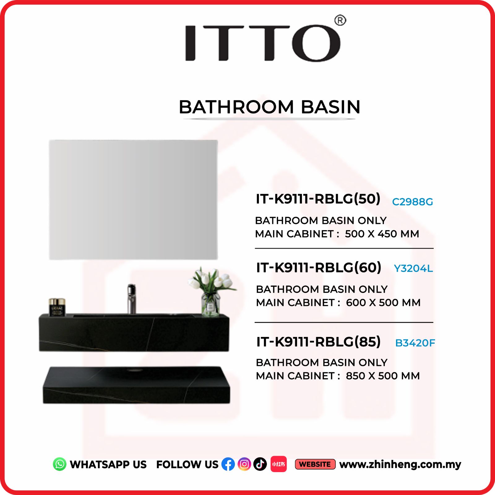 ITTO BATHROOM BASIN ONLY  IT-K9111-RBLG(50) + IT-K9111-RBLG(60) + IT-K9111-RBLG(85)
