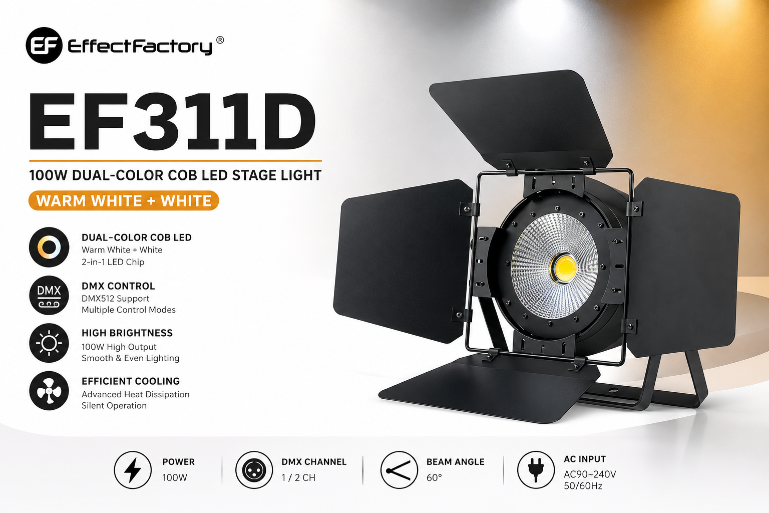 EffectFactory EF311D – Lampu Pentas LED COB 100W Dua Warna (Putih Suam + Putih, Kawalan DMX)