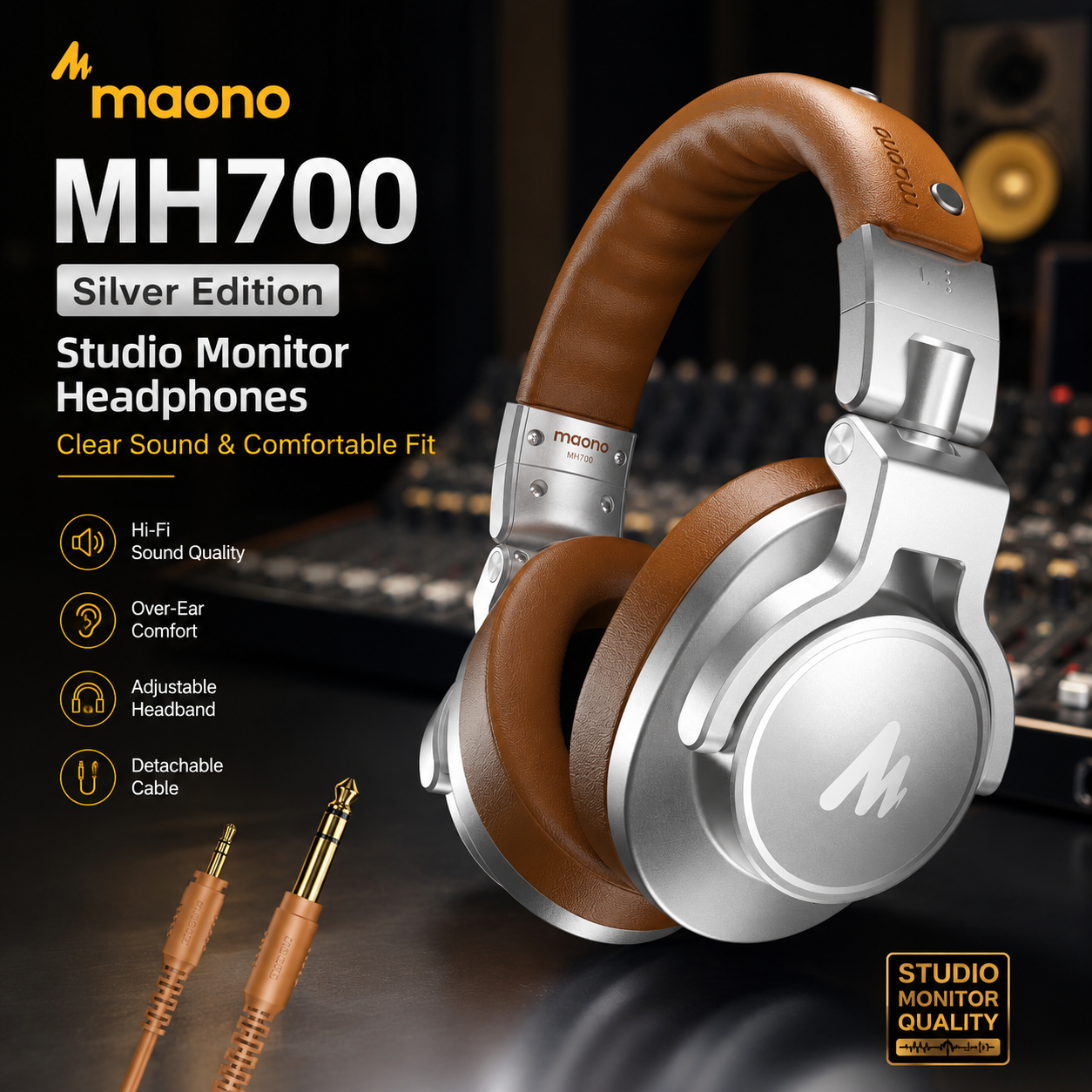 Maono MH700 Silver Edition – Studio Monitor Headphones with Clear Sound & Comfortable Fit