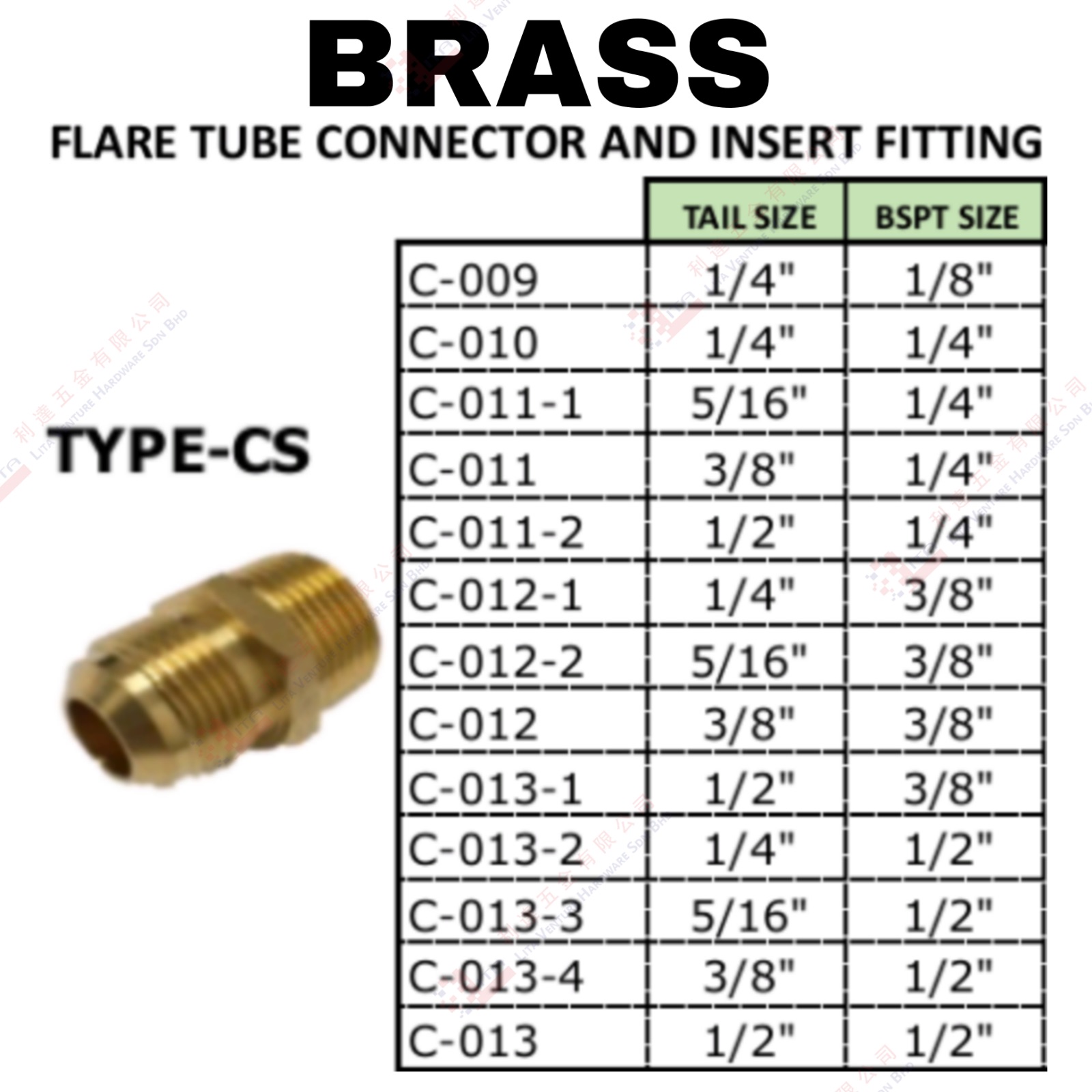 BRASS FLARE TUBE CONNECTOR AND INSERT FITTING TYPE CS - C009 C010 C011 C0112 C0121 C0122 C012 C0131 C0132 C0133 C0134 C013