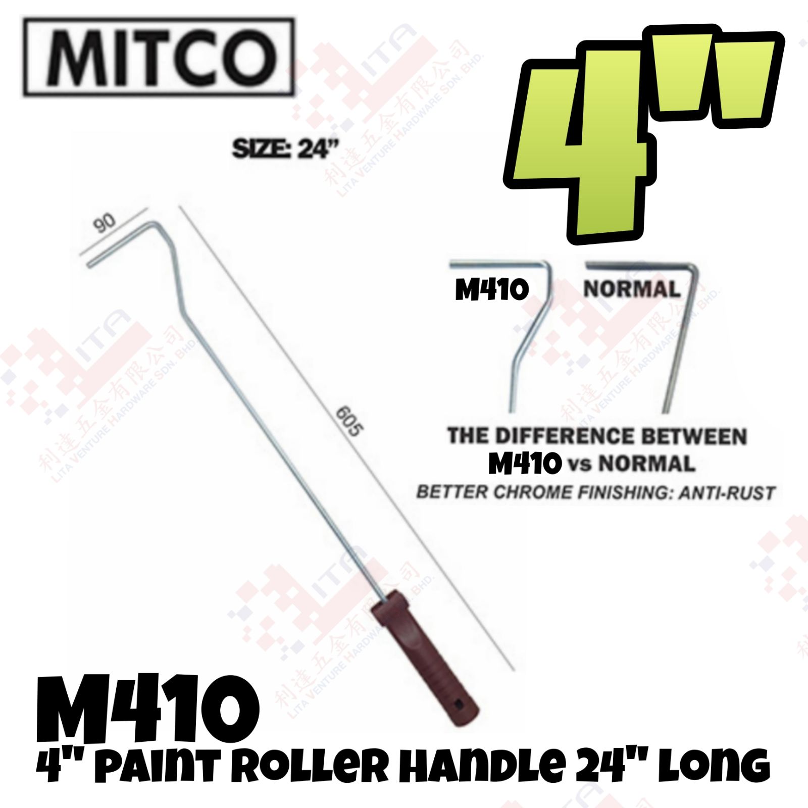 MITCO BRAND 4'' PAINT ROLLER HANDLE 24'' LONG - M410