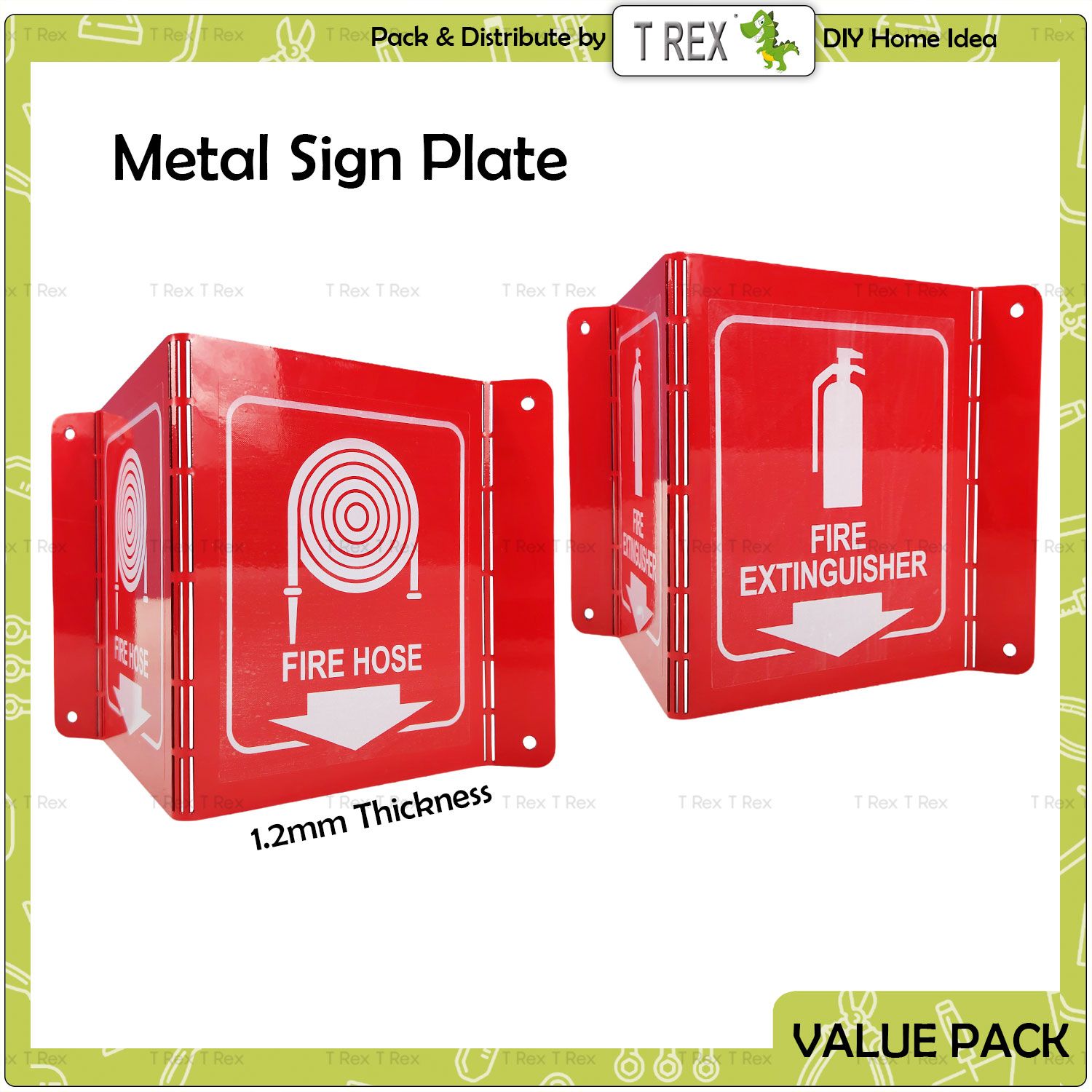 T Rex DIY Fire Extinguisher / Fire Hose V Shape Metal Sign Plate – Heavy Duty Wall Mount Fire Safety Sign Board