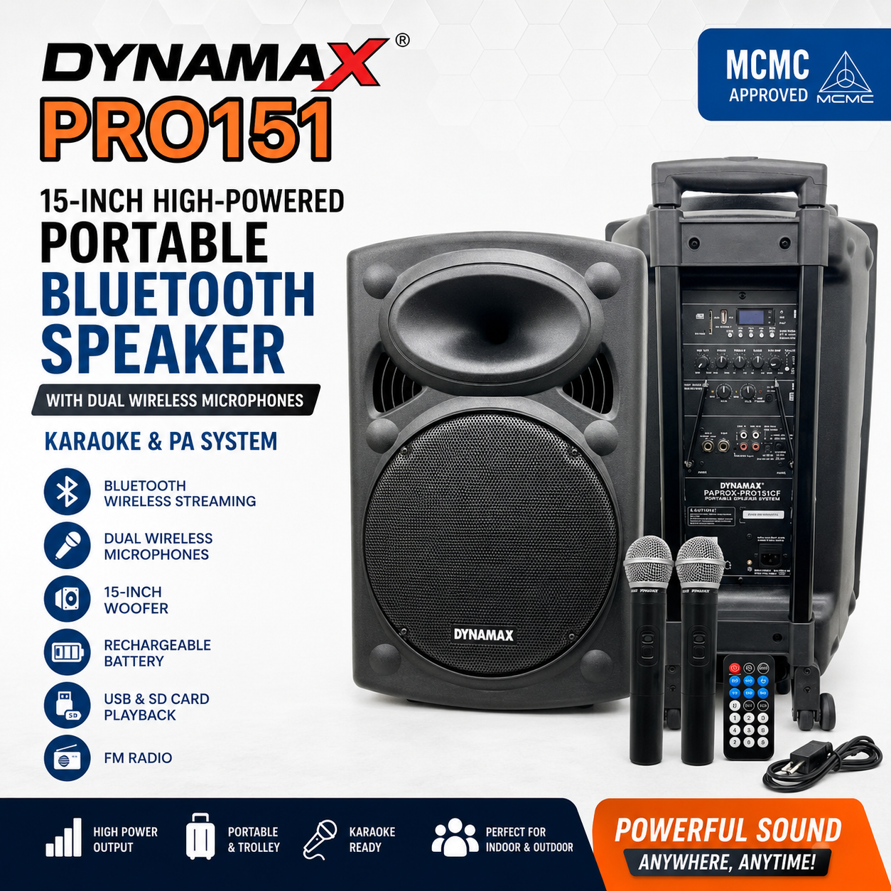 (Diluluskan MCMC) DYNAMAX PRO151 – Pembesar Suara Bluetooth Mudah Alih 15 Inci Berkuasa Tinggi dengan 2 Mikrofon Tanpa Wayar | Karaoke & Sistem PA