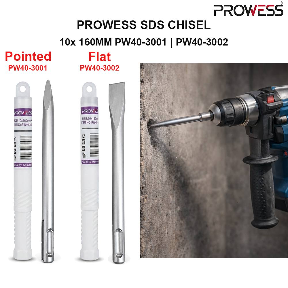 PROWESS SDS CHISEL | SDS PLUS POINTED & FLAT CHISEL | PROFESSIONAL ROTARY HAMMER CHISEL 10x 160MM ( PW40-3001 | PW40-3002 )