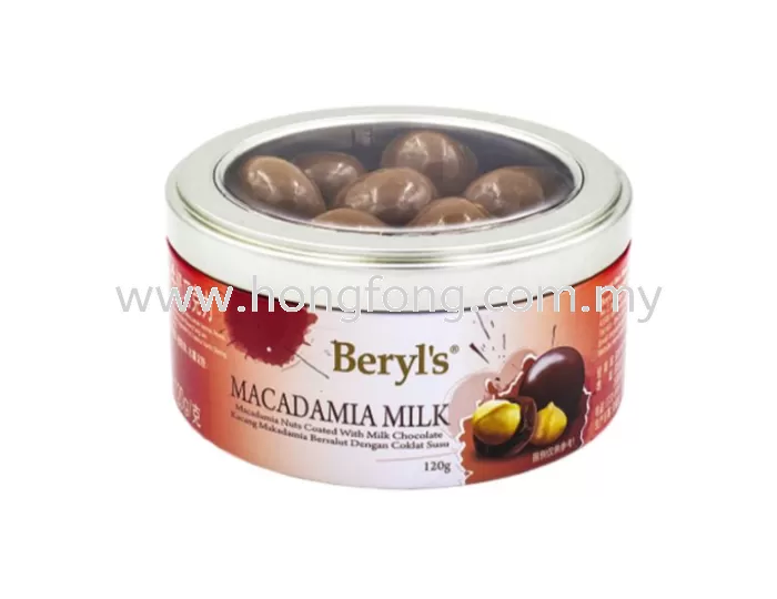 BERYL'S ROUND TIN-MACADA MILK CHOCO (120G)