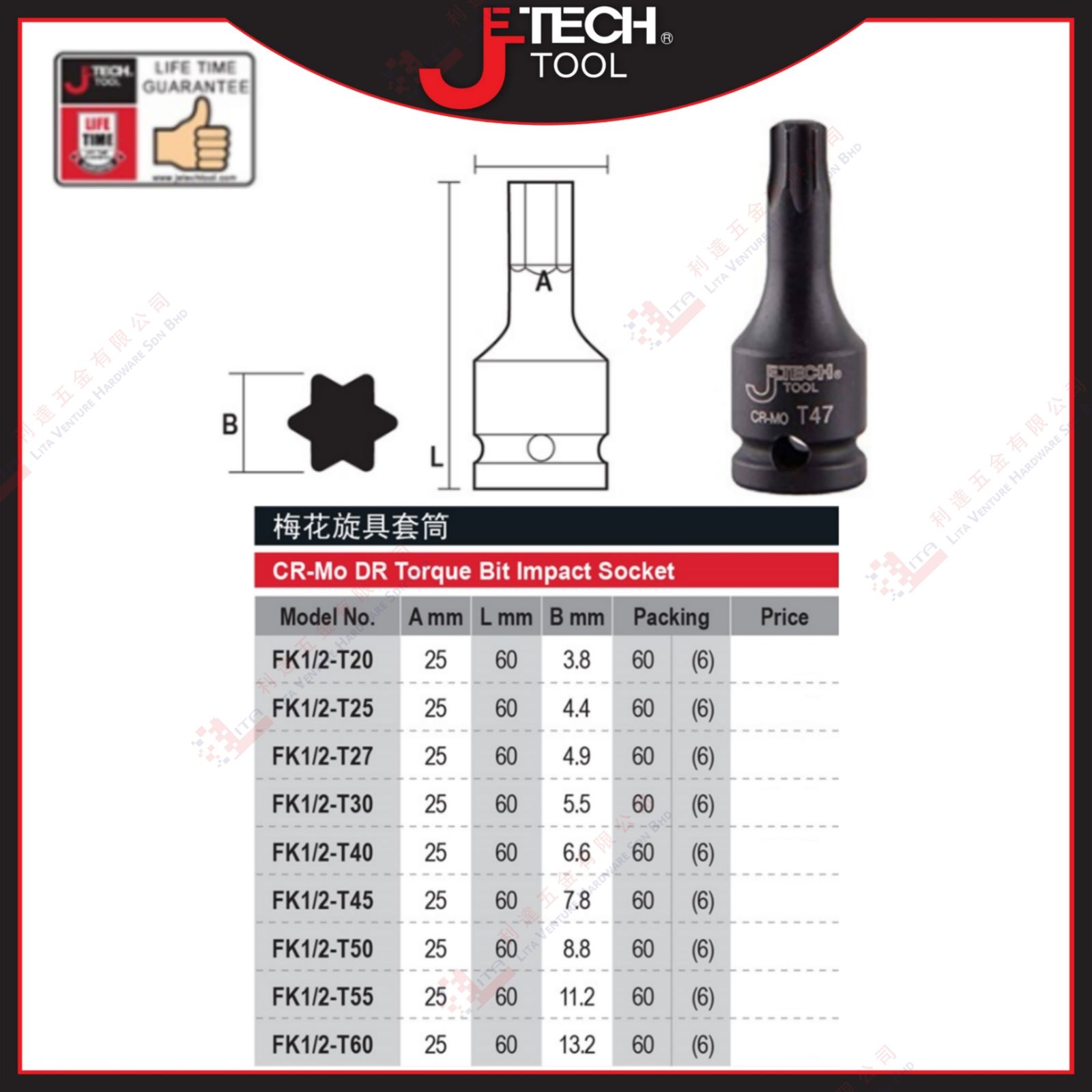 JTECH BRAND CRMO DR TORQUE BIT IMPACT SOCKET - FK12T20 FK12T25 FK12T27 FK12T30 FK12T40 FK12T45 FK12T50 FK12T55 FK12T60
