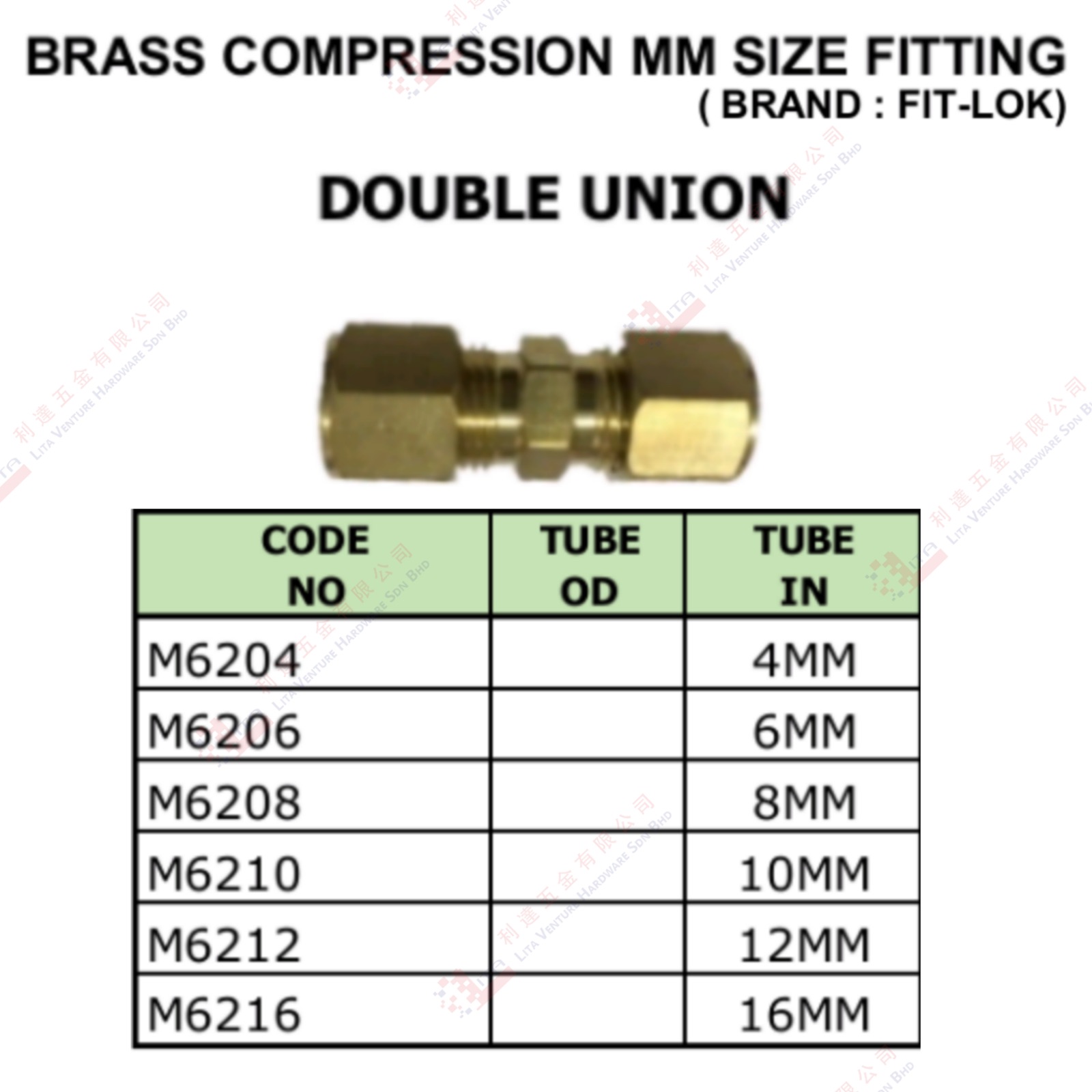 BRASS COMPRESSION MM SAIZ DOUBLE UNION - M6204 M6206 M6208 M6210 M6212 M6216
