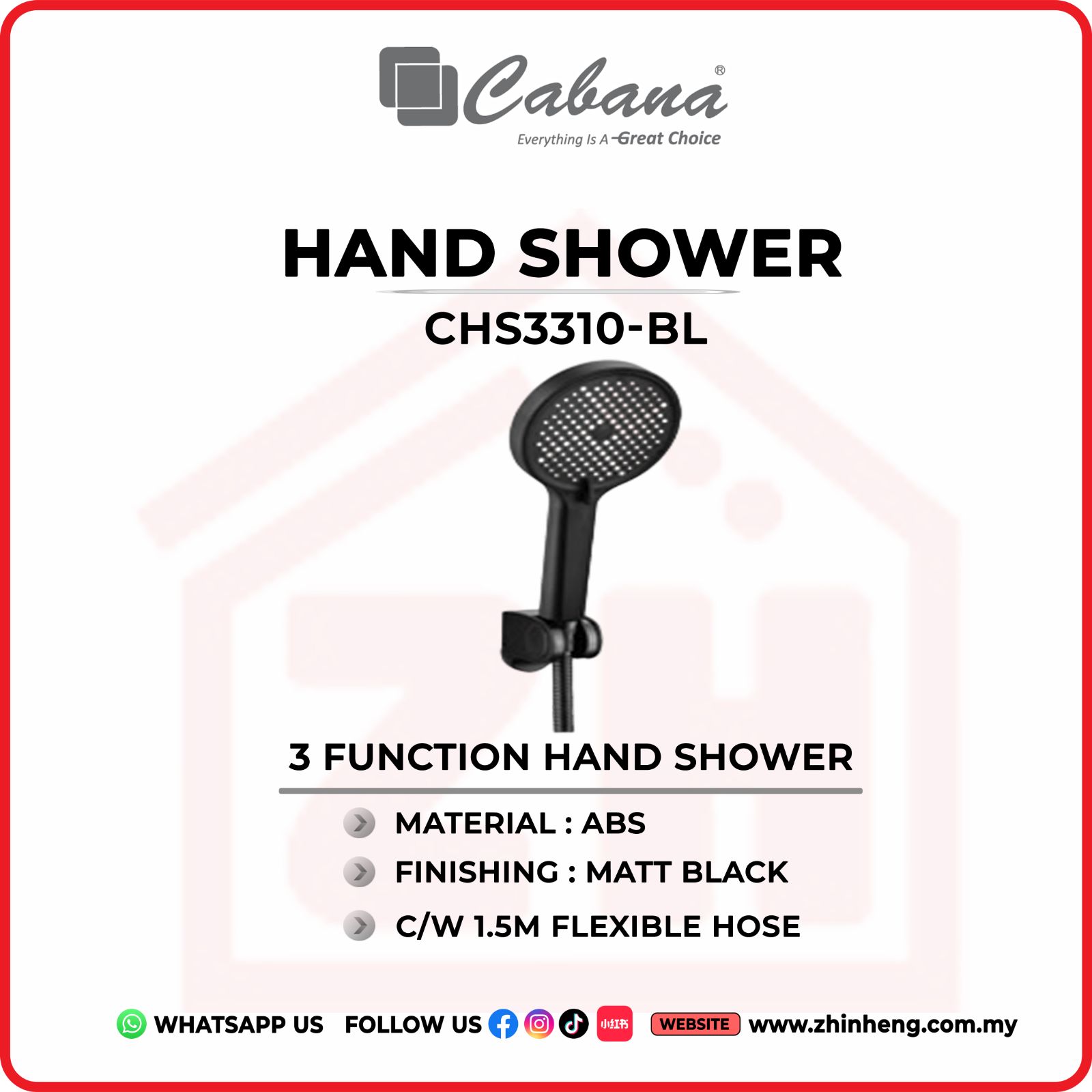 CABANA 3 FUNCTION HAND SHOWER WITH 1.5M FLEXIBLE HOSE  CHS3310-BL